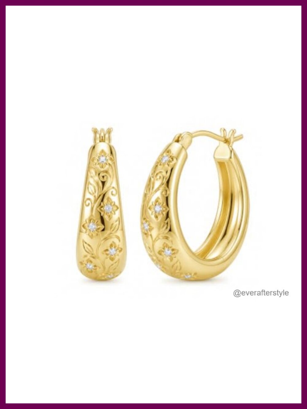 14K Gold Plated Chunky Huggie Hoop Earrings Floral Vine CZ Women Gift